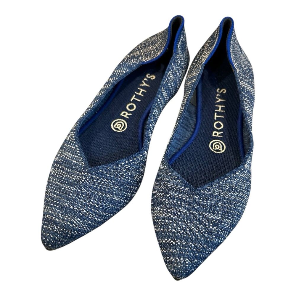 Rothy's Womens The Point Toe Blue Woven Packable Flats Sz 8